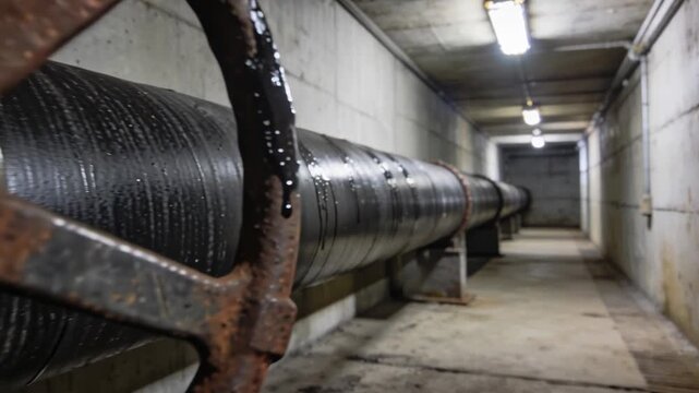 Crude oil price pipeline corridor pipe tunnel conveying black crude oil with wet insulated metal pipe valve and leaking dark