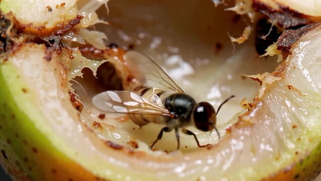 Close-up view of a fly inside a rotten fruit, natures decay concept.