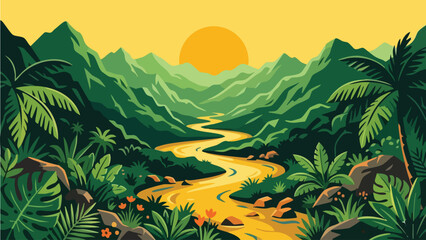 Flat Design Tropical River Valley Landscape at Sunset © MH Soykot