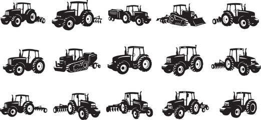 Obraz premium Tractors in various forms and attachments illustration set