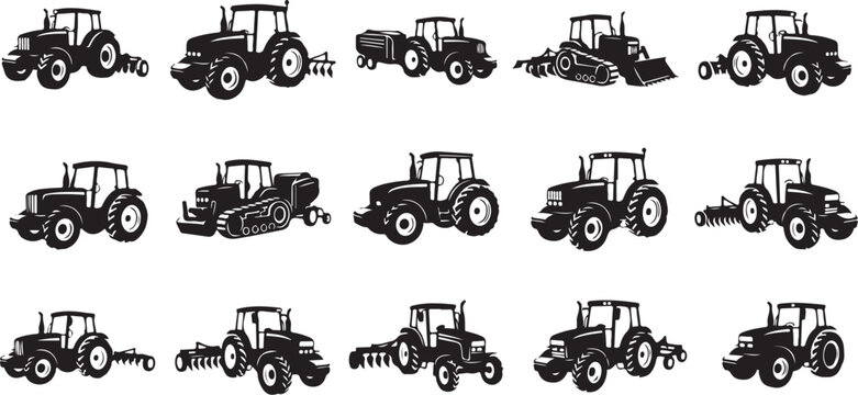 Tractors in various forms and attachments illustration set