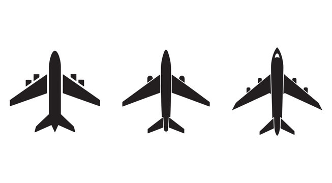 Three airplane silhouettes in different angles on white background  front and back views of commercial jets