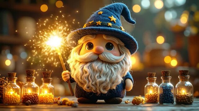 A cheerful wizard gnome holding a sparkling wand near potion bottles