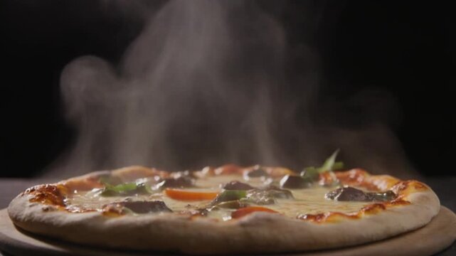 Close video capturing delicate steam rising from a just baked pizza, toppings glistening, cheese bubbling subtly, professional studio lighting creating dramatic highlights
