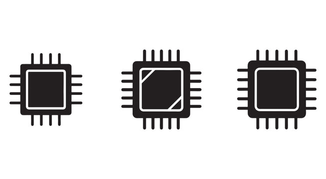 Three black and white computer processor chip icons with various pin configurations and damaged microchip on white background  electronic components