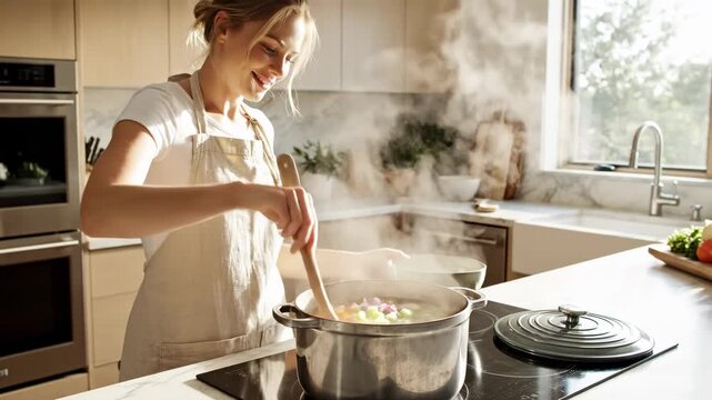 Smiling woman cooking healthy vegetable soup in modern kitchen with natural light and steam rising from pot stirring with wooden spoon