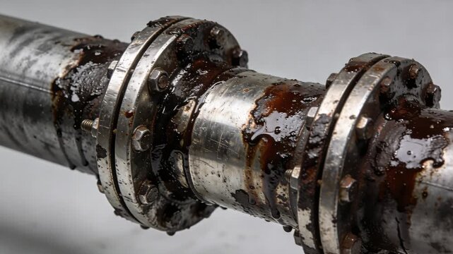 Crude oil price corrosion pipe flange spill oily metal pipe flange covered black oil and rust conveying industrial leakage
