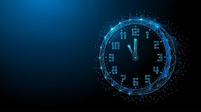 Digital clock wireframe disintegrating with futuristic time concept
