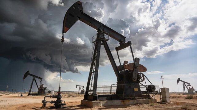 Crude oil pumpjack stormy sky dramatic desert landscape with rig derrick wellhead crude petroleum machinery conveying industrial