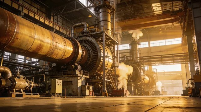 Crude oil price impact industrial refinery complex with rotary kiln turbine steam pipe conveying factory machinery warm sunrise