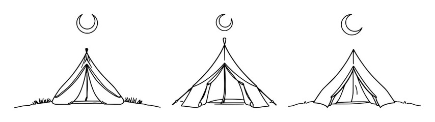 Tent set with continuous line art of a tent under a crescent moon featuring camping, adventure, silhouette with thin black line and white background © MSTSHIWLY