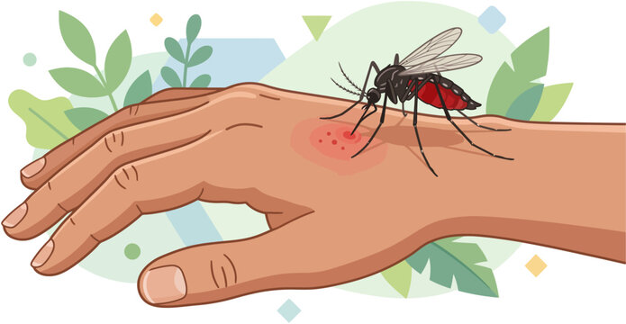 Vector illustration of a mosquito biting a human hand causing red itchy skin irritation. Concept of insect bite, allergy reaction, mosquito attack, disease risk, dengue and malaria awareness.