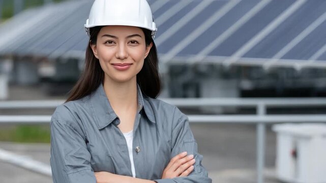 Solar Engineer: A female engineer, radiating confidence, poses proudly in front of a array of solar panels, symbolizing progress