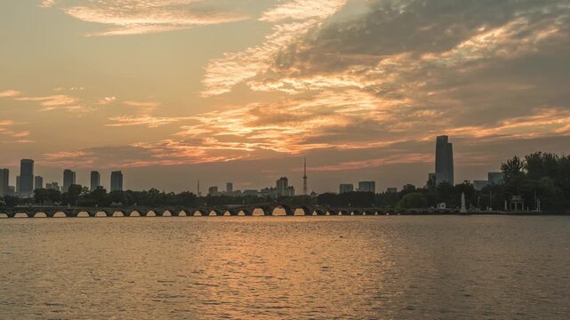 Sunset Time-lapse of Baodai Bridge, Grand Canal, Wuzhong District, Suzhou, Jiangsu, China