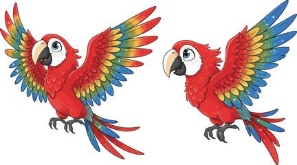Colorful macaw parrot cartoon characters with rainbow wings tropical bird mascot illustration vibrant vector set isolated on background © MSTFarjana