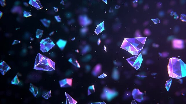 Floating iridescent crystal shards on a dark background, creating a luxury abstract gemstone effect for fashion, beauty, celebration and digital motion visuals