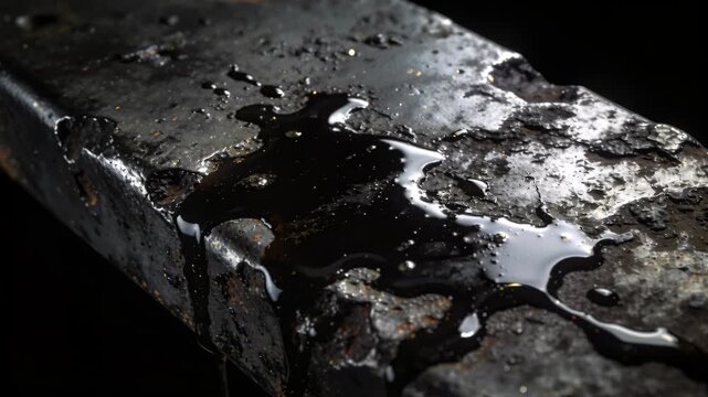 Crude oil price spill pooled slick corroded metal surface reflecting light creating moody dramatic dark texture glossy rust liquid