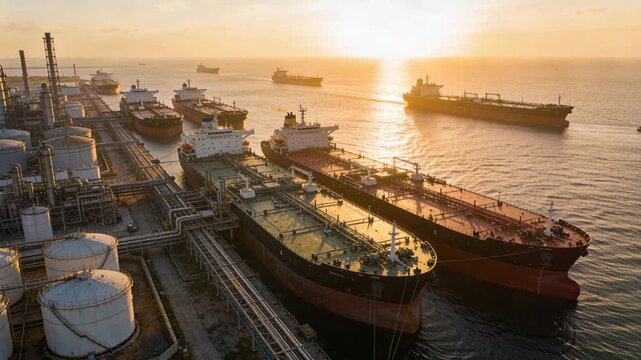 Crude oil price tanker ship terminal storage tank pipeline sunset industrial port loading docks conveying fuel calm sea workers