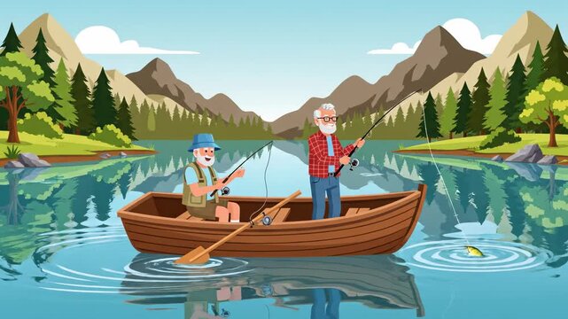 Two senior men fishing in a lake cartoon illustration animated footage outdoors adventure and nature relaxation vector graphics style