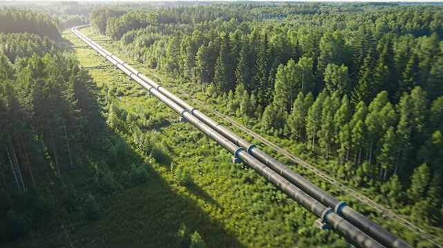 Crude oil price pipeline through green forest landscape with sunlight warmth conveying energy transportation environmental