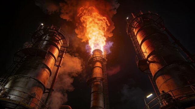 Crude oil price refinery flare stack burning night with industrial tower and glowing flame conveying urgent energy impact market