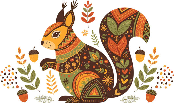 Decorative folk art squirrel with floral patterns woodland animal boho ornamental illustration ethnic vector design isolated background