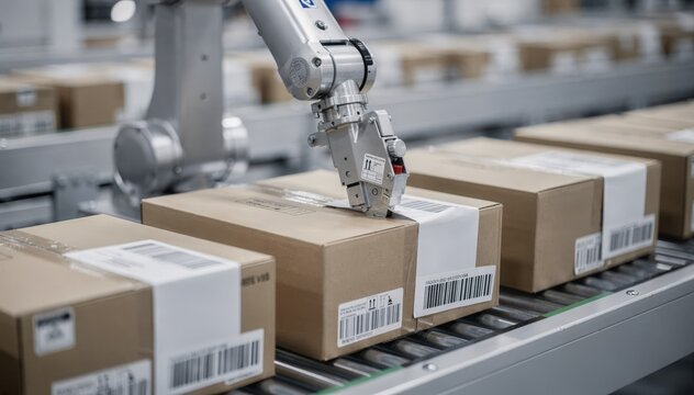 Focused view on a robot sealing sealed boxes labeled with custom barcodes highlighting efficiency in automated shipping.