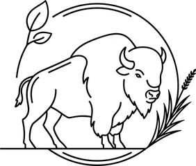 Minimal bison line art logo with circular frame wild buffalo outline wildlife emblem simple vector illustration isolated © MSTFarjana
