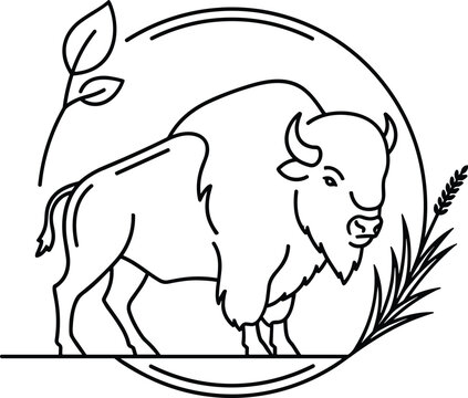 Minimal bison line art logo with circular frame wild buffalo outline wildlife emblem simple vector illustration isolated