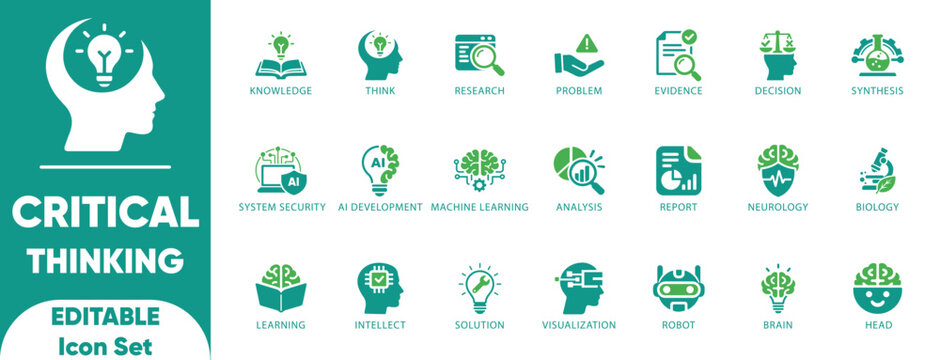 Critical Thinking Icon Set. Ai, argument, cognition, critical, decision, editable, evaluation, explanation, research, editable, and solid icons.