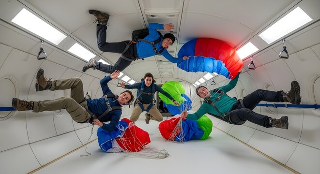 Group of people skydiving in zero gravity simulator