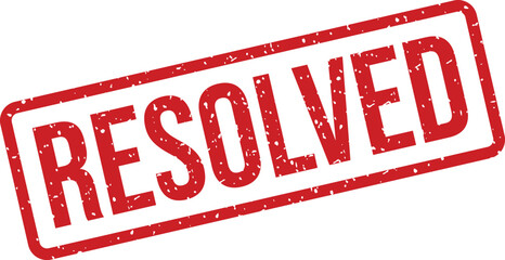 A distinct red rectangular rubber stamp clearly indicates the status RESOLVED positioned on a bright white surface