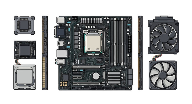 Computer hardware components motherboard CPU RAM cooling fans