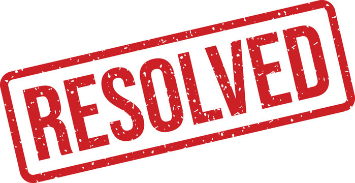 A distinct red rectangular rubber stamp clearly indicates the status RESOLVED positioned on a bright white surface