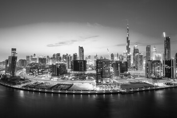 Fototapeta premium Aerial View of Dubai Marina Skyline, Luxury Waterfront Hotels and Residential Towers, UAE