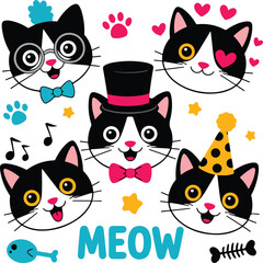 Obraz premium Cute Cartoon Cat Face Character Collection