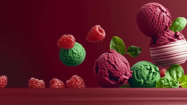 Colorful berry sorbet ice cream raspberry strawberry dessert on red green sweet background