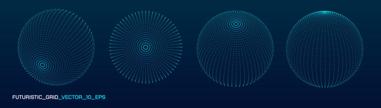 Cyberpunk 3D sphere with wireframe grid and dot mesh. Holographic HUD geometry for futuristic UI, VR and tech design concepts