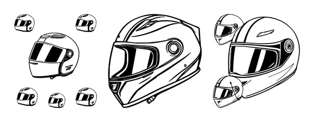 Obraz premium Motorcycle helmet set with racing team helmet vector illustrations featuring racing colors, team logos, sports gear with chrome protectors and aerodynamic design