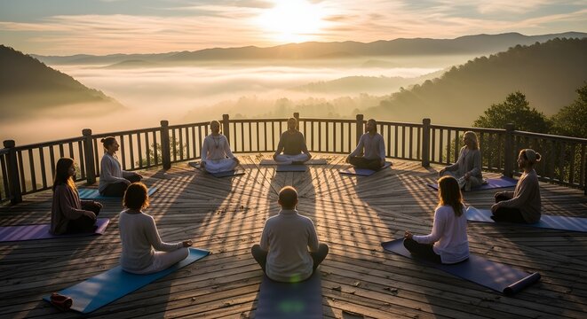 Group of people practicing yoga on a deck at sunrise