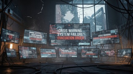 Multiple monitors in a dark, damaged room display urgent crisis warnings about system failure and evacuation orders amid destruction and chaos.