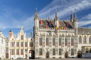 Obraz premium Front view of City hall of Bruges in Burg square in Bruges, Belgium. Horizontally. 