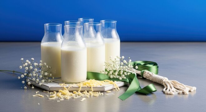 Glass bottles filled with creamy milk and shredded cheese, adorned with green ribbon and delicate flowers