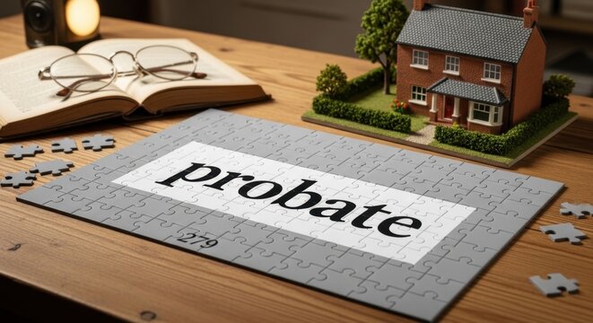 Probate Puzzle Piece Displaying Legal Estate Planning Concept Alongside Miniature House and Book