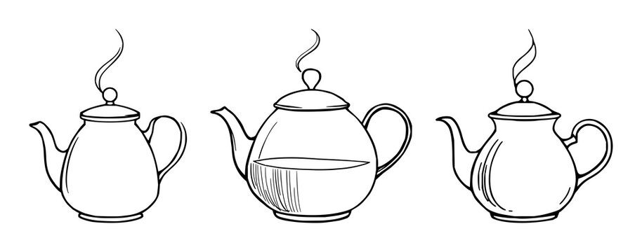 Teapot set with abstract line art design featuring rising steam, coffee, tea with drinkware and kitchenware
