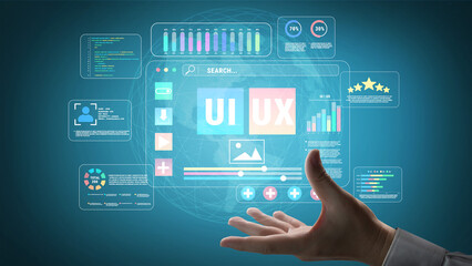Naklejka premium Interactive User Interface Display with Graphs and Data Visualizations for User Experience Design and Development Projects Quark.