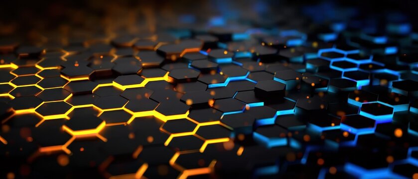 Glowing hexagon abstract texture, digital design for game backgrounds, app splash screens, or sci-fi visuals, neon edges.