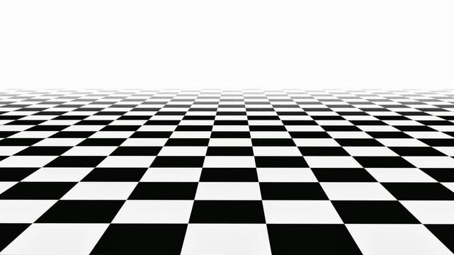 Retro 3D motion graphics of a black and white checkered floor receding into a white horizon with a smooth forward movement.