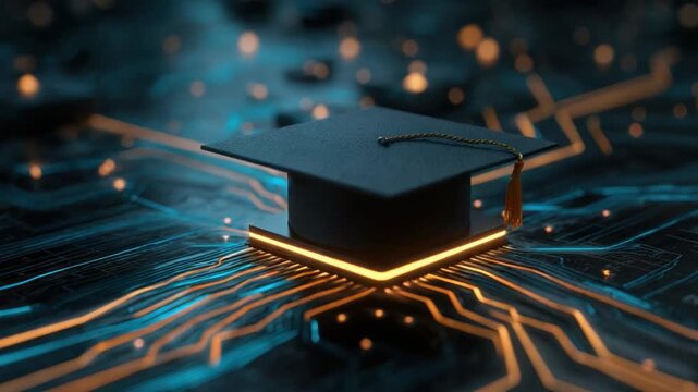 Digital Education Pathway: A graduate cap is illuminated with vibrant digital circuits, representing the synergy of learning and technology, highlighting the modern educational landscape.