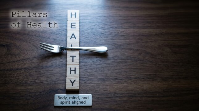 Healthy word formed by wooden letter tiles with a fork and a message about body, mind, and spirit alignment on a wooden surface